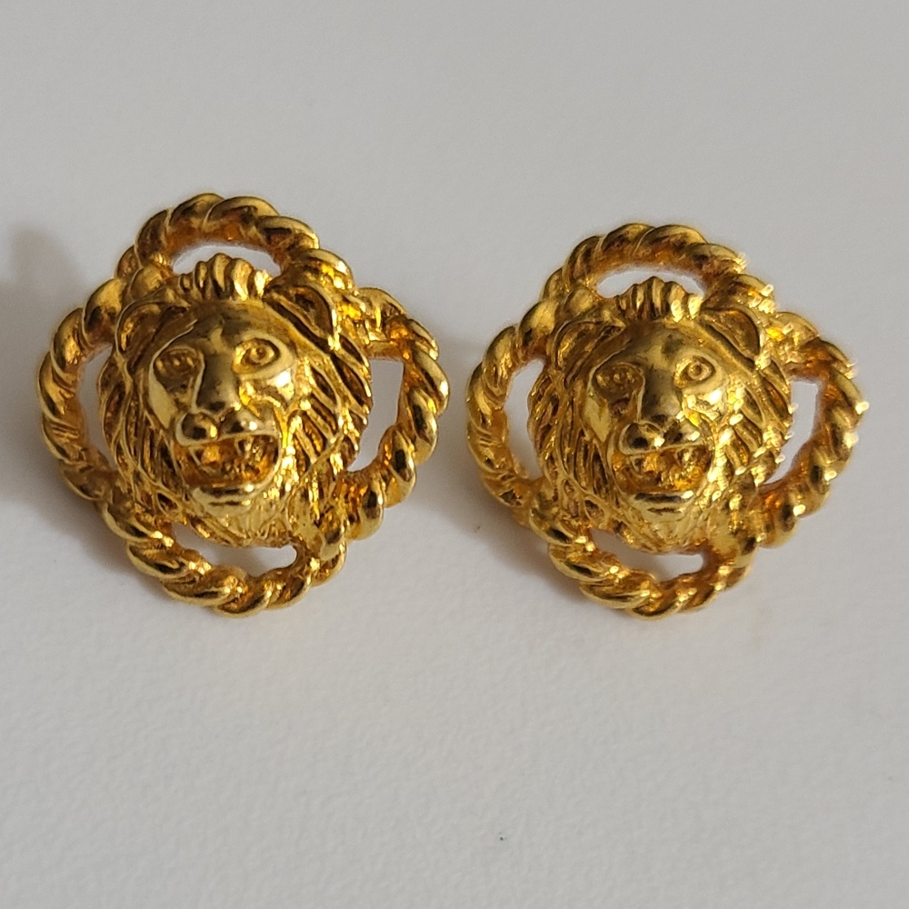 Vintage AK Anne Klein Lion Earrings Gold Estate Rope Pierced Studs